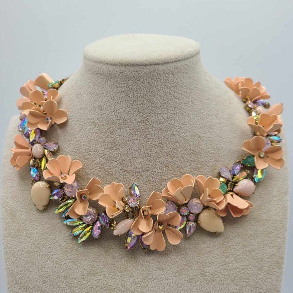 J Crew Rare Peach Flower Wreath Necklace with Multi Colored Crystals